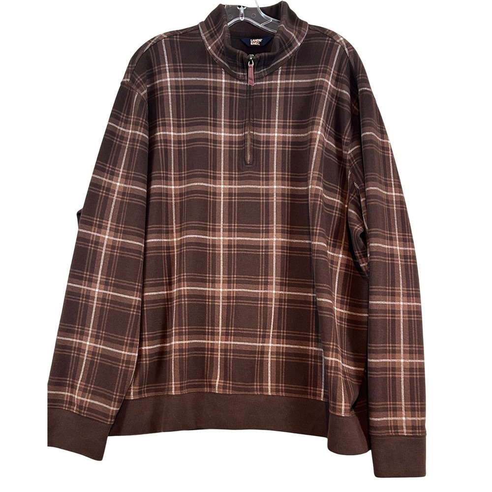 Lands End Mens 2XL Brown Plaid 1/4 Zip‎ Pullover Cotton Blend Mock Neck Sweater